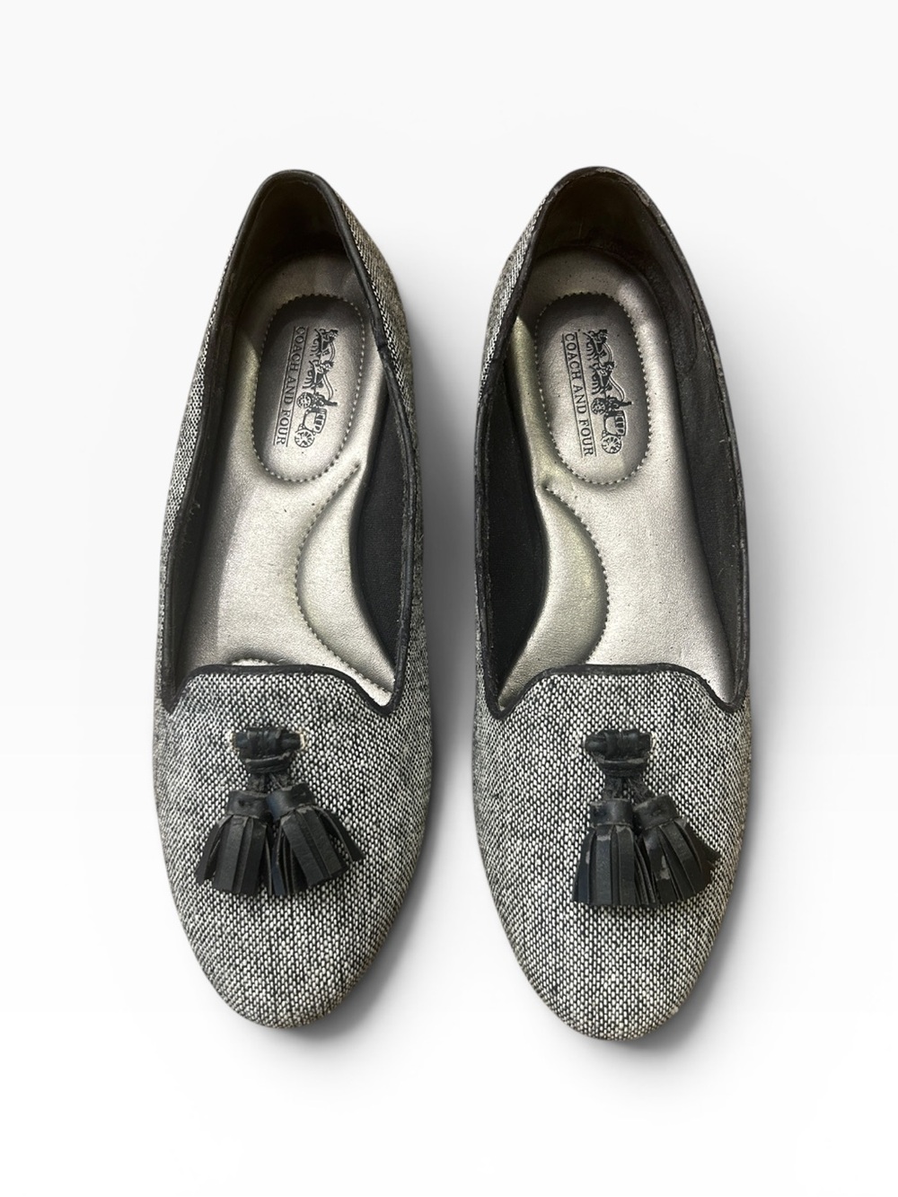 Coach and Four Black and Gray Tweed Tassel Loafers Size 7